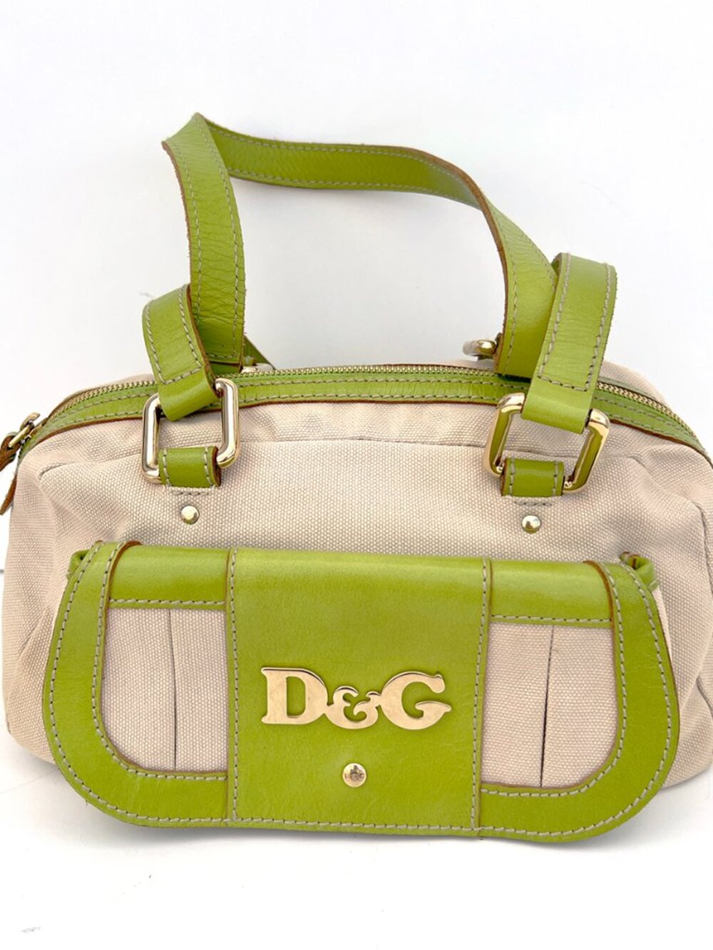 Authentic D&G Dolce Gabbana Y2K Bowler Satchel Bag Canvas Lime Green Leather